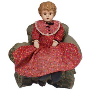 Antique German Minerva Metal Head Doll With Teeth, Leather Body, Molded Hair 15”